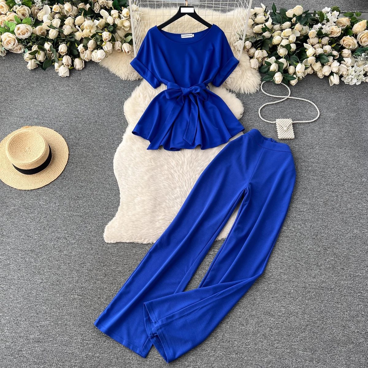 Women's Clothing retro fashion round neck short sleeved tie waist top two piece suit women's casual loose high waist wide leg trousers_desvips.com