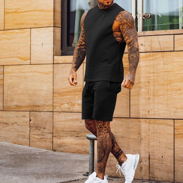 Men's casual thin five-point pants sleeveless top solid color vest shorts two-piece set_desvips.com