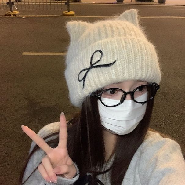 Sweet Cute Cat Ear Knitted For Women 2024 New Autumn Winter Warm Wool Hat Large Head Circumference_desvips.com