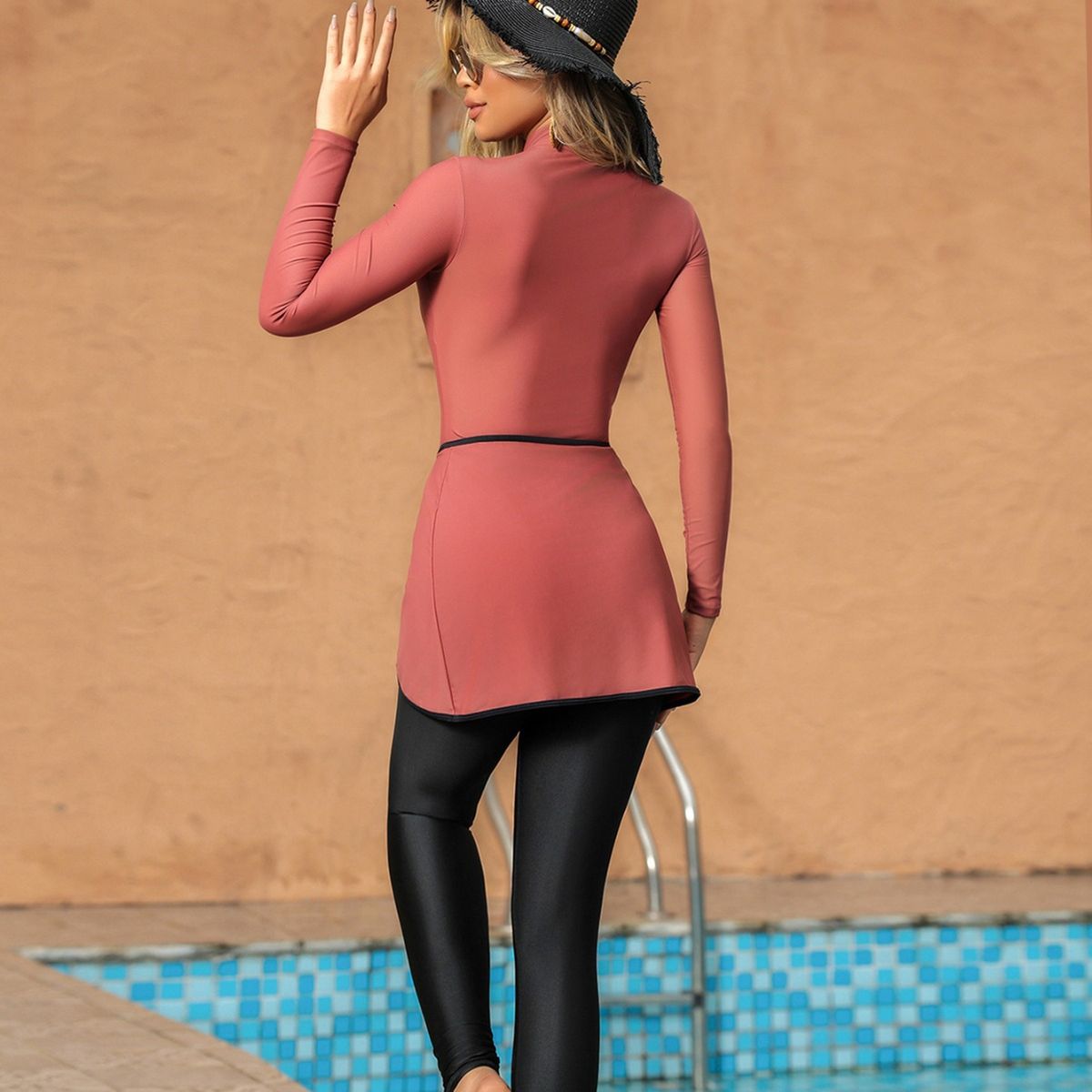 2024 New Conservative Solid Color Muslim Sleeve Long Pants Skirt Sunscreen Beach Swimsuit Three Piece Set_desvips.com