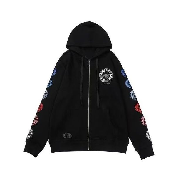 New CH Trendy Brand European And American Style Cross Zipper Horseshoe Sanskrit Print Hooded Loose-Fit Unisex Sweatshirt_desvips.com