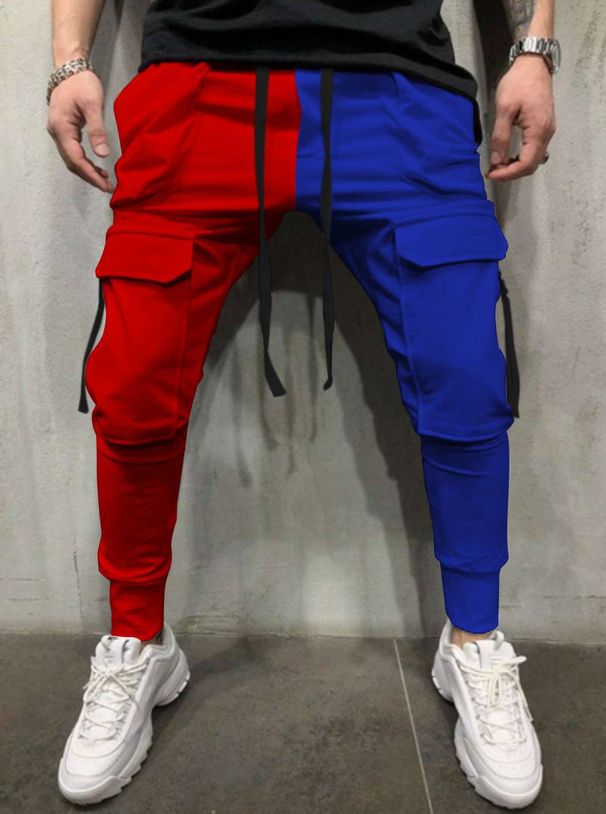 2026 Fashion European-USA Style Sweatpants Youth/Men Polyester Mid Waist Lace-Up Splicing Multi-Pocket Casual Small Foot Sport Pants_desvips.com