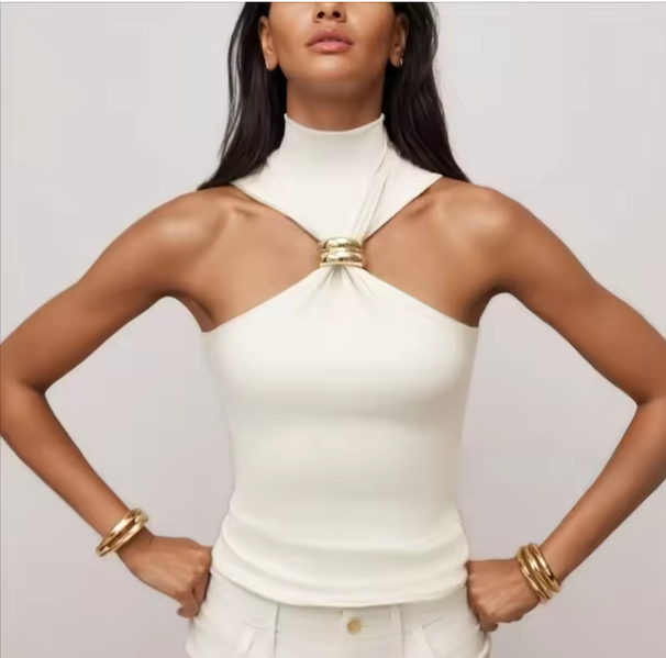 Metal Ring Sleeveless Elegant Slim Fit Women's Tank Solid Fashion Cropped Tops Sexy Off Shoulder Ladies Tanks Vest_desvips.com