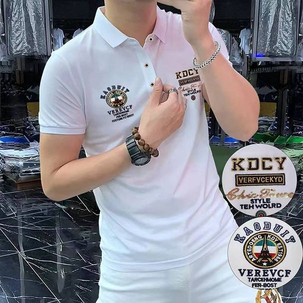 European Style Summer New Arrival Men's Polo Shirt With Heavy Embroidery And Rhinestones, Casual Silky Cotton Short Sleeve_desvips.com