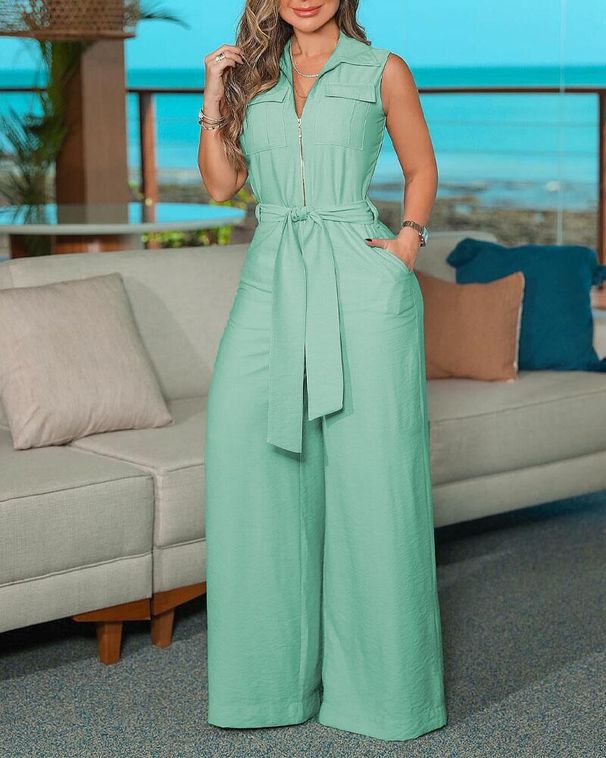 Women's Clothing women's elegant shirt collar sleeveless solid color zipper strap wide leg jumpsuit_desvips.com
