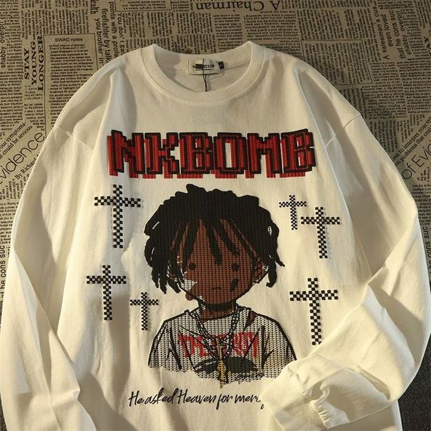 100% Cotton National Trend American Cartoon Cuffed Long Sleeve T-Shirt Unisex High Street Hip Hop Top_desvips.com