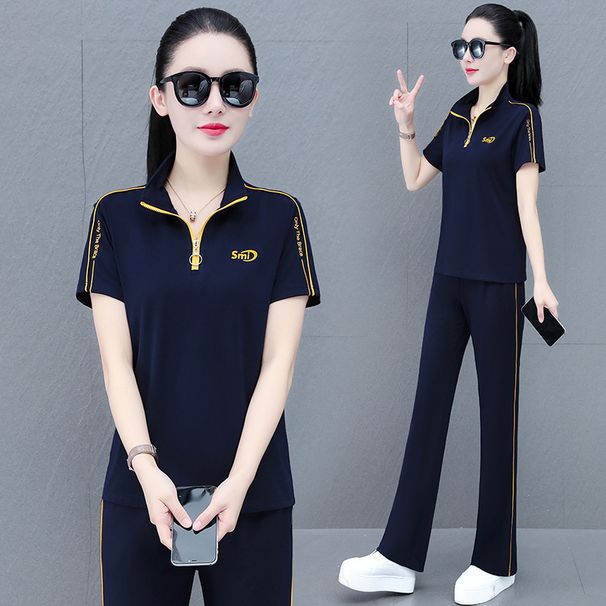 Women's Running Sports Suit 2025 New Summer Fashionable Ice Silk Short Sleeve Long Pants Stand Collar Casual Two-Piece_desvips.com