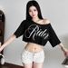 2025 Women's Summer American Street Style Letter Print Asymmetrical Shoulder Sleeve T-shirt, Versatile Slimming Short_desvips.com