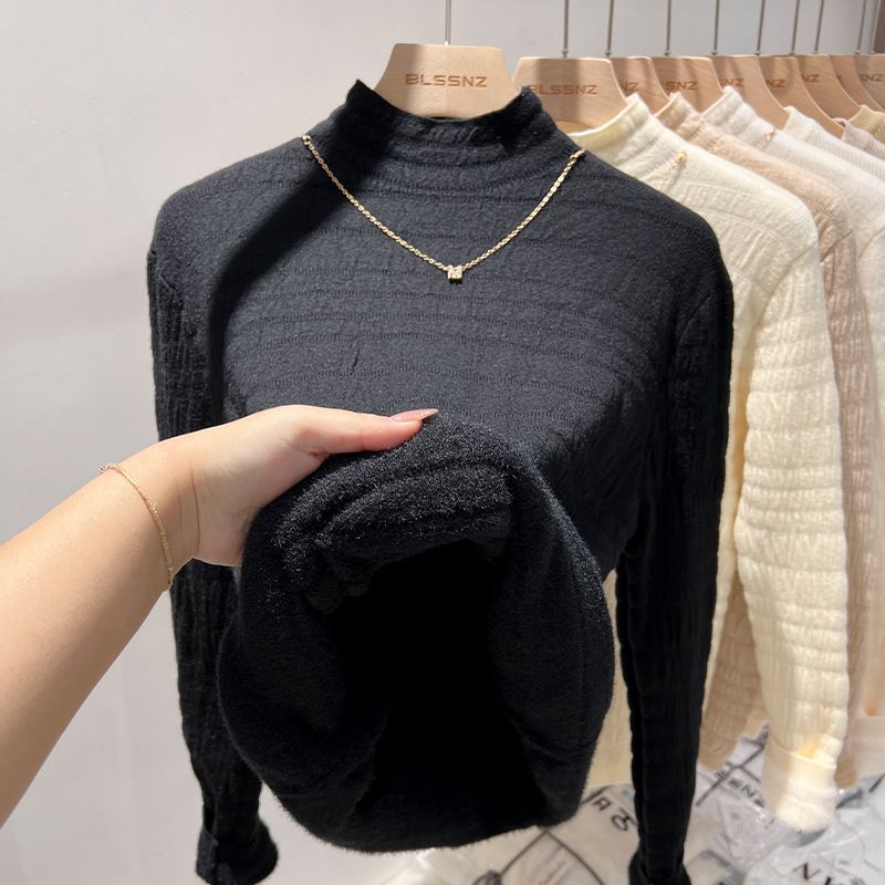 Women's Fleece-Lined Knit Sweater Semi-Turtleneck Thermal Long Sleeve Top For Winter (Includes Necklace) - Soft Faux Mink Fabric, Slim Fit, Pure Color_desvips.com