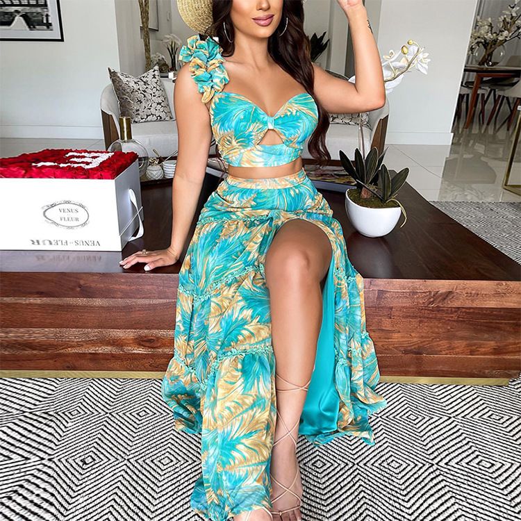 Women's summer new printed one-shoulder sleeve two-piece sexy Skirt Suits_desvips.com