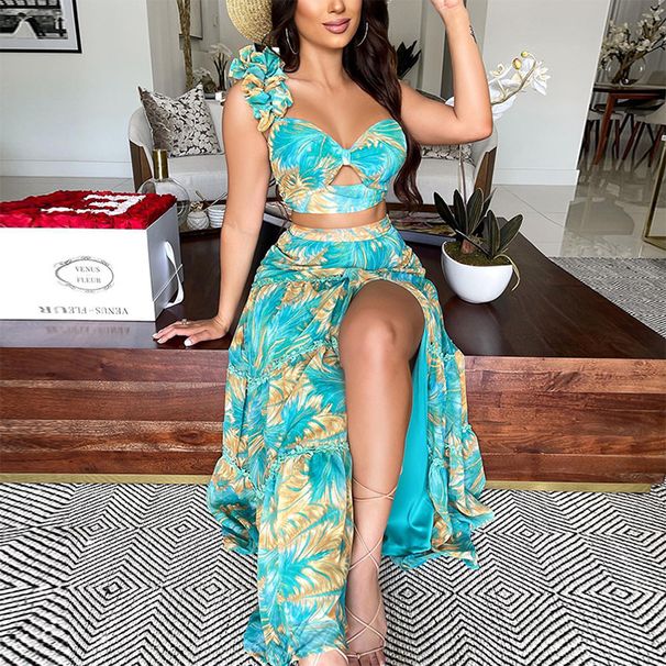 Women's summer new printed one-shoulder sleeve two-piece sexy Skirt Suits_desvips.com
