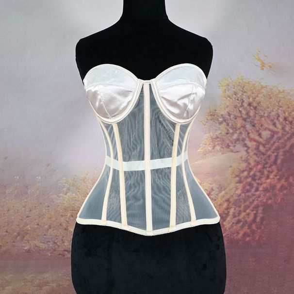 Women's Corset Bustiers Strapless With Bra Breathable Mesh Lace Up Boned Bodices Waist Girdle Tummy Control Tight Tops_desvips.com
