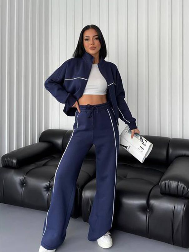 Women's Clothing leisure suit long sleeved half high collar cardigan sweater lace up striped trousers_desvips.com