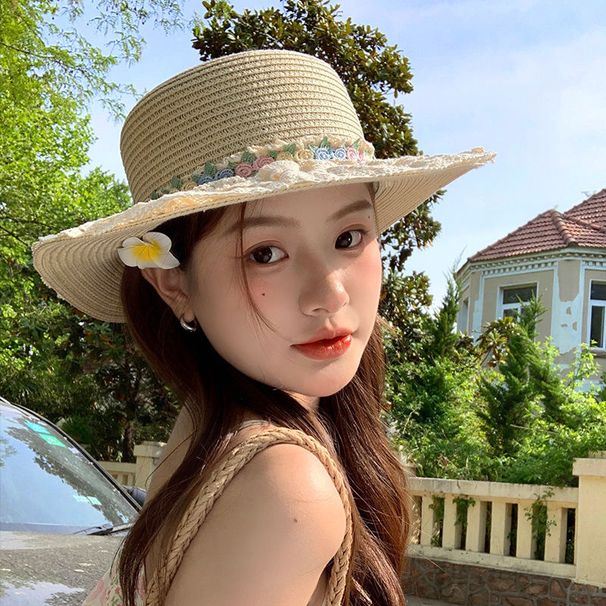 1724976925@qq.com New Style Women's Summer Straw With Lace Bow, Protection Sun Hat For Outdoor Seaside And Beach Use_desvips.com