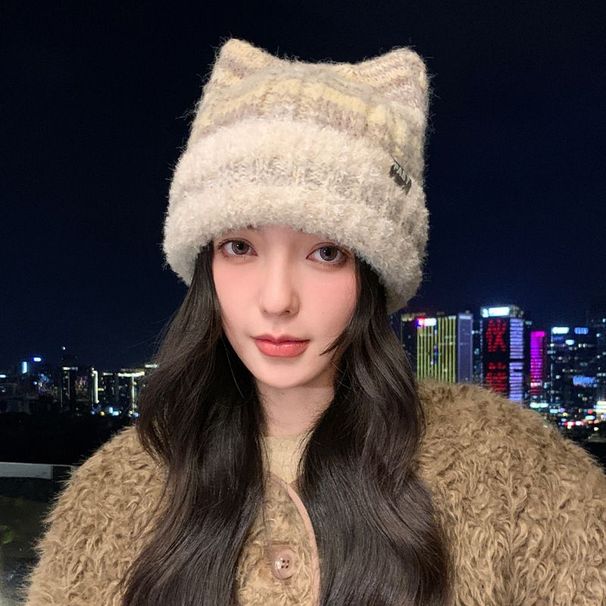 Winter Versatile For Women, Warm Thickened Protection Cute Sweet Cat Ear Knitted Hat, Fashionable Wool Hat_desvips.com