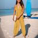 Women's Clothing deep V halterneck sleeveless pleated pocket back tie wide leg cuff long jumpsuit_desvips.com