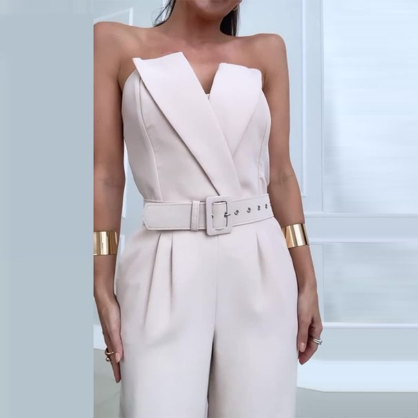 Women's Summer New Fashion Tube Top Waist Solid Color Wide Leg Jumpsuit Women's Clothing_desvips.com