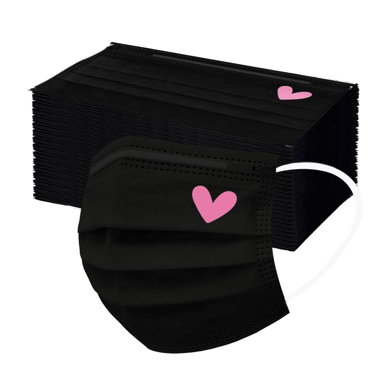 50-Piece Pack Of Disposable Face Masks In Pink And Black With Heart Print, 3-Ply Full Face Protection For Women And Teen Girls_desvips.com