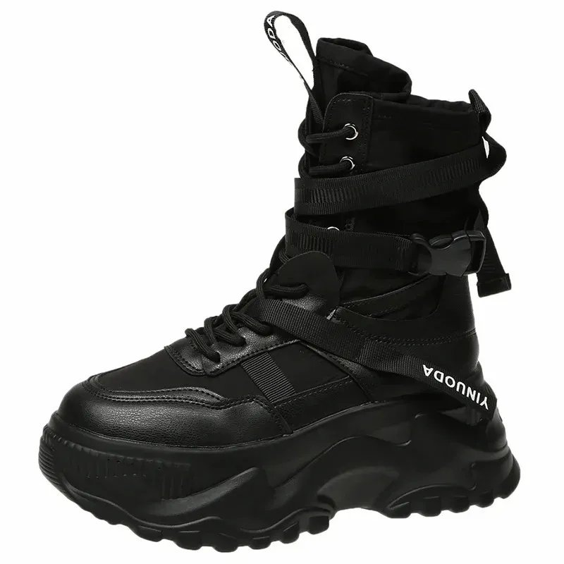 White Chunky Platform Motorcycle Women Buckle Lace Up Thick Bottom Ankle Boots Woman Autumn Fashion Vulcanized Shoes_desvips.com