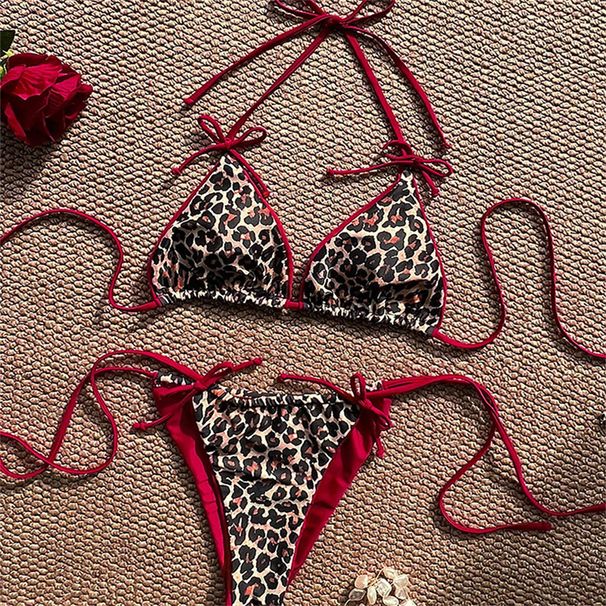Red Leopard Bikinis Sets Bowknot Triangle String Backless Swimsuit Push Up Halter Extrem Swimwear Thong Women Beach_desvips.com