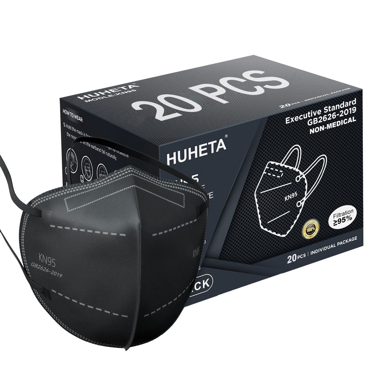 HUHETA KN95 Face Mask 20 Packs, 5 Layer Safety Mask With Elastic Ear Loop And Nose Bridge Clip, Filter Efficiency Over 95%, Protective Masks For Indoo_desvips.com