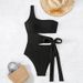 women's clothing swimsuit one shoulder hip wrapped hollow black one piece swimsuit_desvips.com
