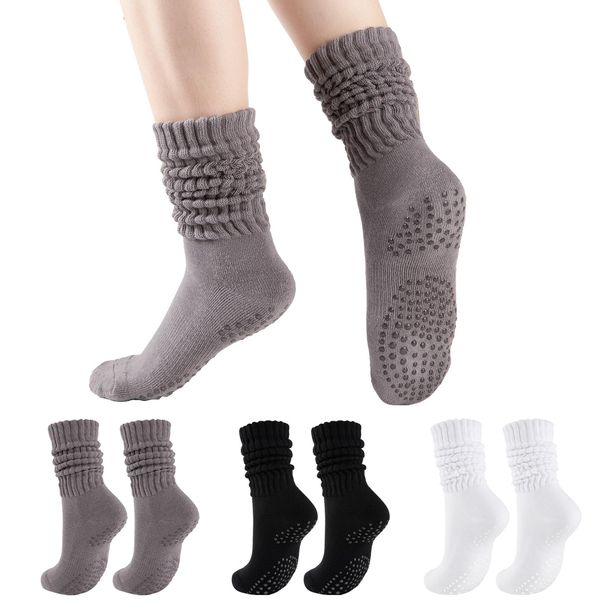 COOVAN Grip Pilates Socks For Women, 3 Pairs, Yoga Slouch Crew Long Scrunch Slipper Socks For Barre Ballet Dance Hospital_desvips.com