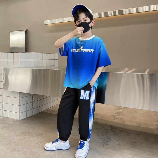 Boys' Summer Outfit 2023 New Model For Older Children, Lightweight Sports Casual Gradient Color Short Sleeve Two-Piece_desvips.com