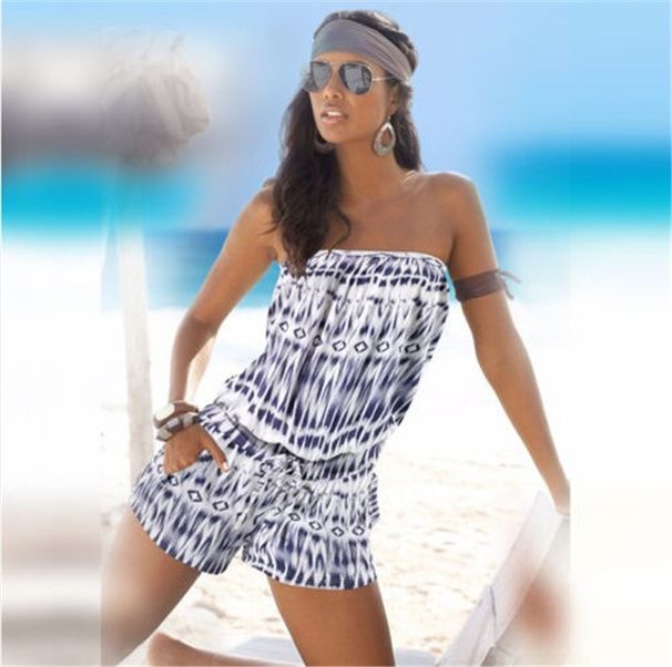 Women"s New Summer Fashion Bra Off Shoulder Printed Jumpsuit _desvips.com