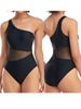 Happybuyner Women Bikini Sleeveless One-shoulder See-through Patchwork Summer Swimming Bathing Swimsuit_desvips.com