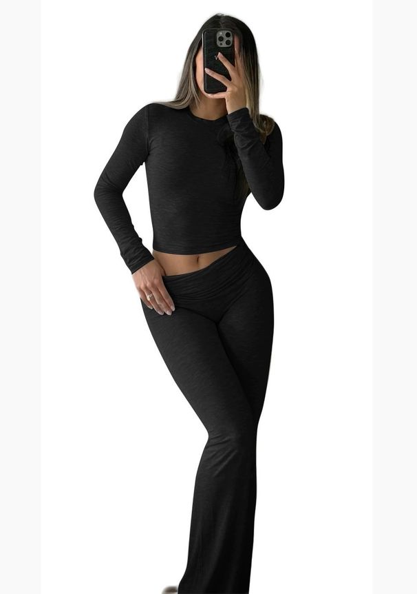Yoga Sets Casual Women's Two Piece Round Neck Long Sleeve Low Waist Slim Fit Pants Sportswear Set_desvips.com