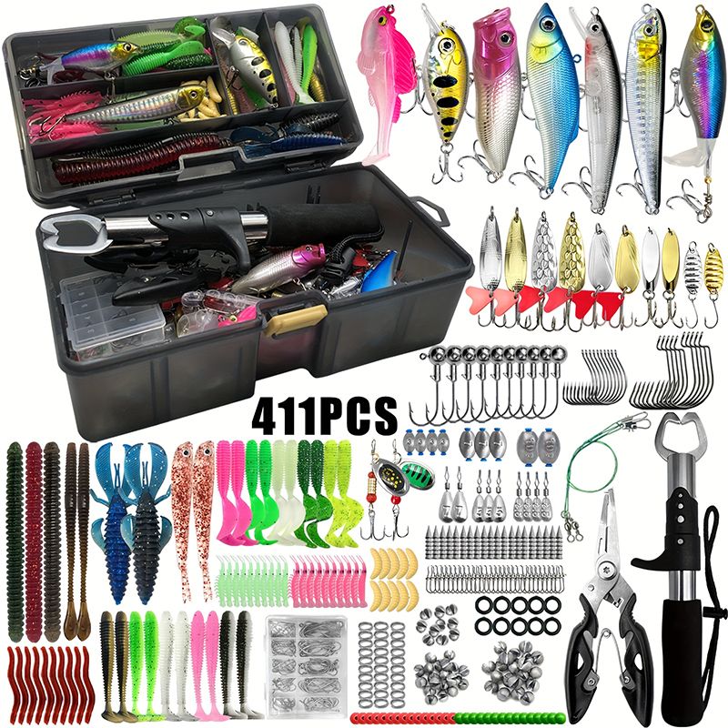 JSFUN 411Pcs/Box Fishing Lure Tackle Set Including Soft Hard Baits Hooks Swivels Tools For Freshwater Saltwater Angling_desvips.com