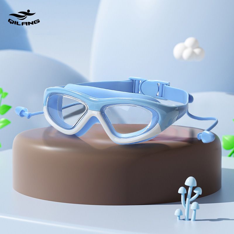 Children's Waterproof Anti-Fog Large Frame Diving Goggles Boys And Girls Professional One-Piece Earplugs Silicone HD_desvips.com