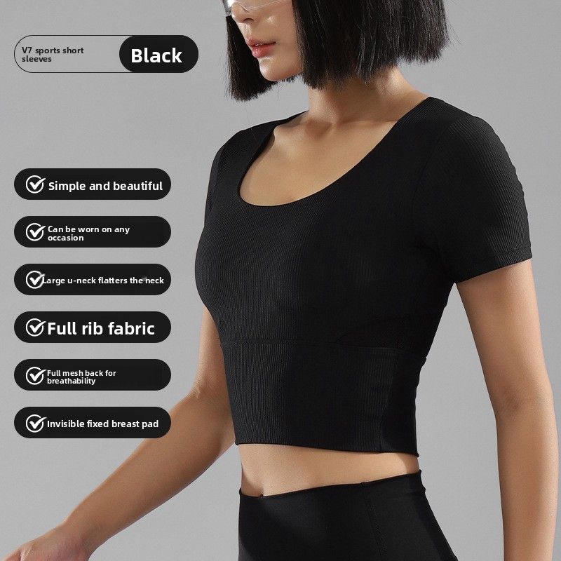 Factory Wholesale Yoga Shirt With Chest Pad For Women, Short Sleeve Tight-Fitting Sports Running Morning Jogging Pilates_desvips.com