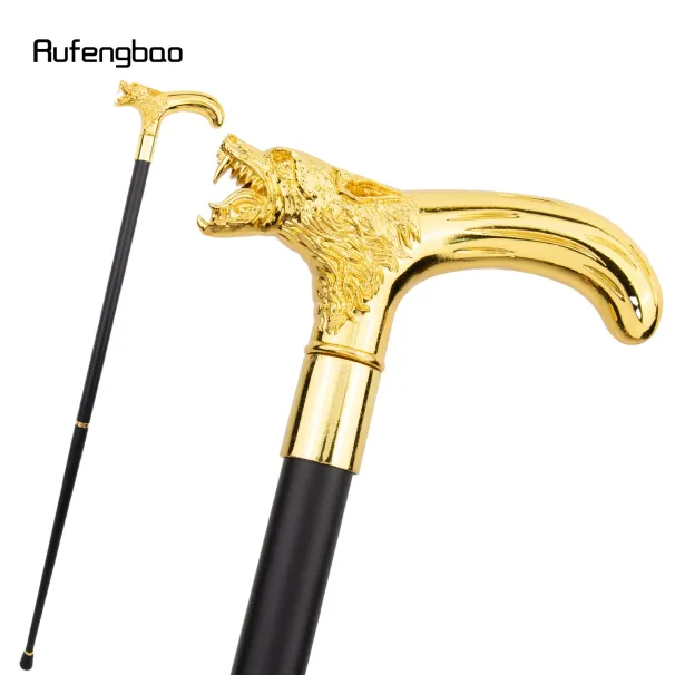 Golden Wolf Head Biting Walking Cane Fashion Decorative Stick Gentleman Cosplay Cane Knob Crosier 92cm Performance Stage Cane_desvips.com