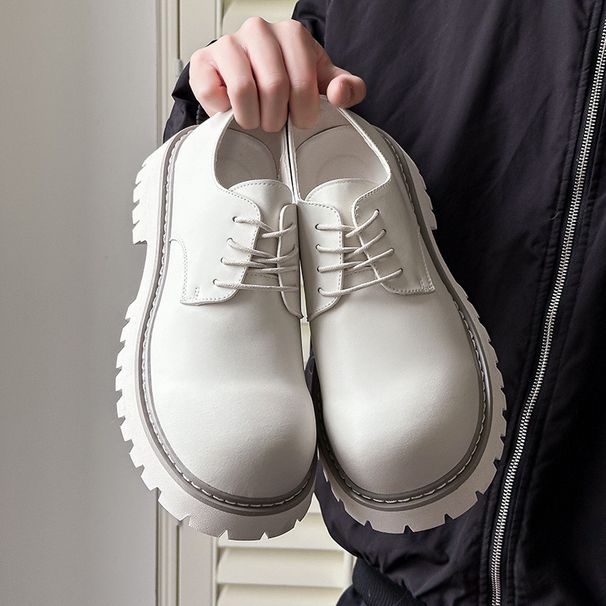 Derby Men's Thick Sole Height Increasing British Style Low Top Work Boots Niche White Leather Shoes 32057_desvips.com