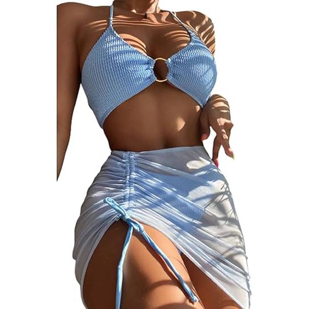 Women's 3 Piece Swimsuit Neck Ring Bikini Set With Cover Skirt_desvips.com
