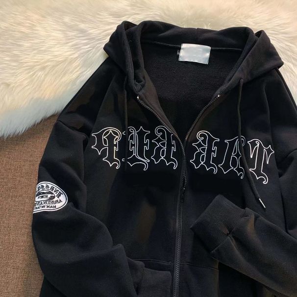 Y2k Embroidered Letter Hoodie 90S Pattern Print Zipper Top Girl Sweatshirt_desvips.com