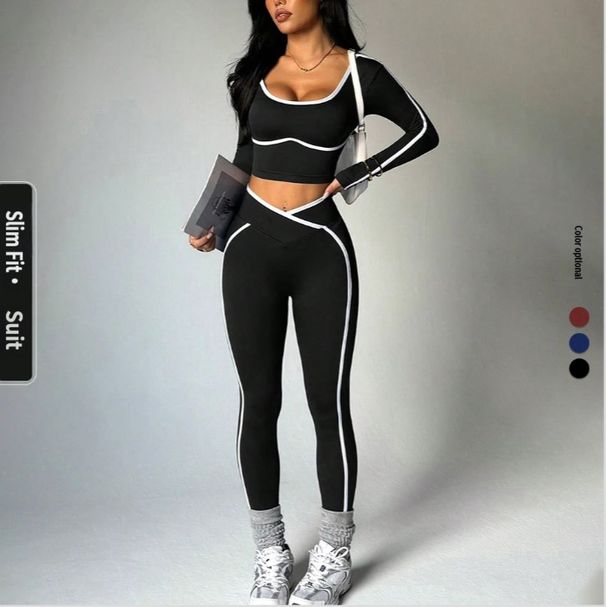 Cross-border Color-blocking Sports Suit For Women, Autumn U-neck Long-sleeve Yoga Outfit With Beautiful Back,_desvips.com