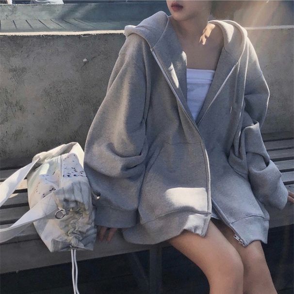 Gray Thin Zipper Sweatshirt For Women, Spring And Autumn Korean Style Casual Jacket, Plus Size Loose Fit Sports Hoodie,_desvips.com