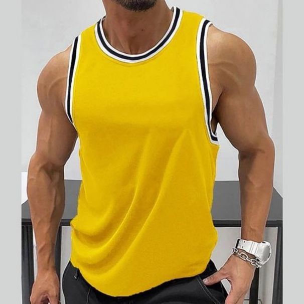 New Outdoor Striped Print Tank Top Round Neck Sleeveless Design Loose-Fit Comfortable Men's Fitness Quick-Dry T-Shirt_desvips.com