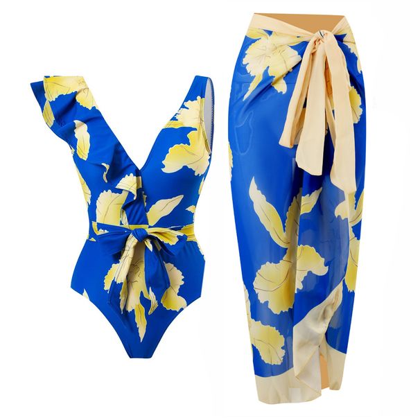 New One-piece Triangle Swimsuit For Women With Floral Slimming Chiffon Long Skirt Beach Bikini_desvips.com