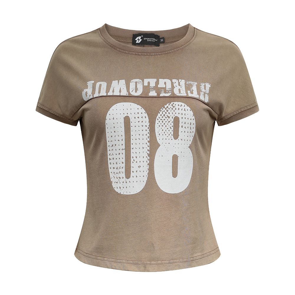 Distressed Digital Print Short-sleeve T-shirt For Women, Summer American Street Style Casual Versatile Round-neck_desvips.com