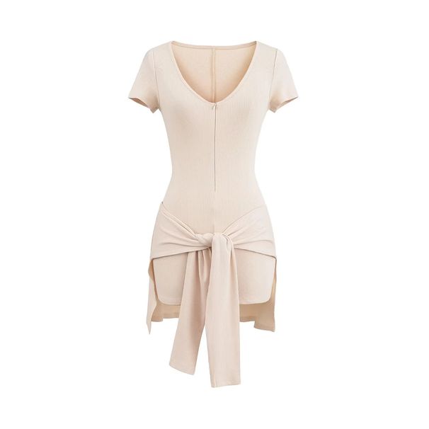 Sexy Deep V-Neck Fitness Jumpsuit For Women, Summer Slim-Fit With Waist Tie Shorts, Two-Piece Set_desvips.com