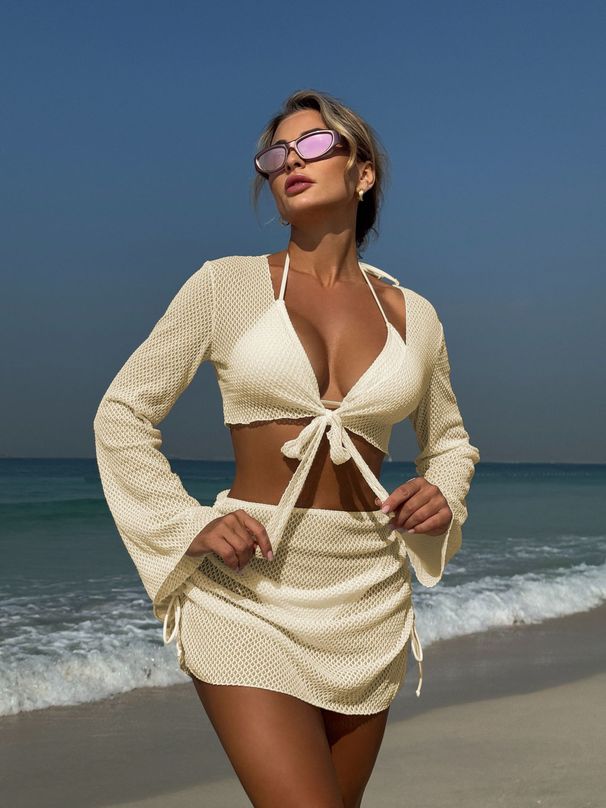 Summer Holiday 4 Piece Bikini Set 2025 Women Sexy White Long Sleeve Cover Up And Skirt Swimsuit Beach Bathing Suit Pool_desvips.com