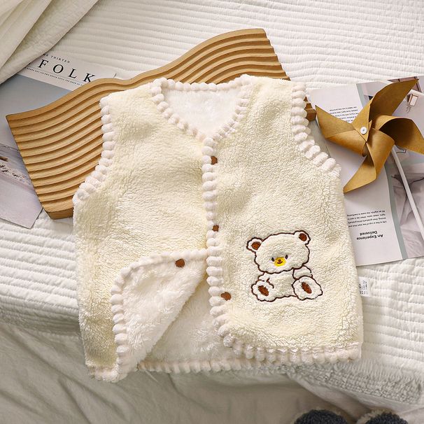 2024 Children's Fleece Vest Autumn And Winter, Korean Style, Stylish Lamb Wool Embroidered Bear With Snap Buttons,_desvips.com