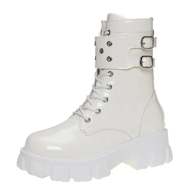Thick Bottom Lace Up British Style Plush Insulation Patent Glossy Leather Motorcycle Boots Women Cool_desvips.com