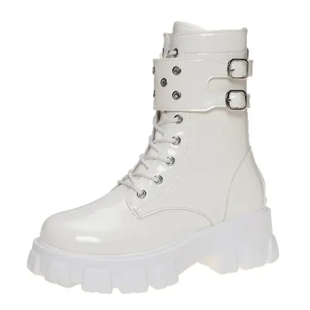 Thick Bottom Lace Up British Style Plush Insulation Patent Glossy Leather Motorcycle Boots Women Cool_desvips.com