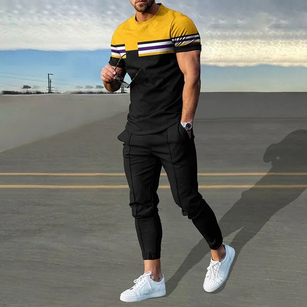 Men's Clothing casual short-sleeved suit 3D digital printing color stripes fashion short-sleeved trousers suit_desvips.com