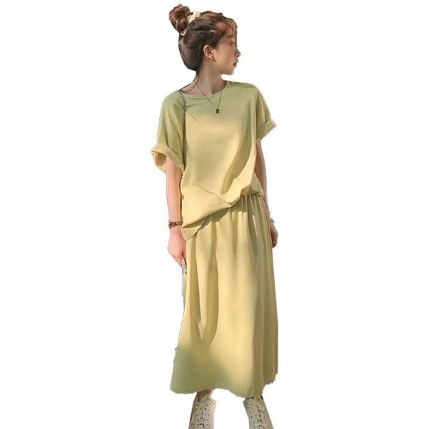 Summer Clear Youhful Green Casual Two-Piece Se Solid Color Shor Sleeve T-Shir + Mid-Lengh Slimming Skir Spors_desvips.com